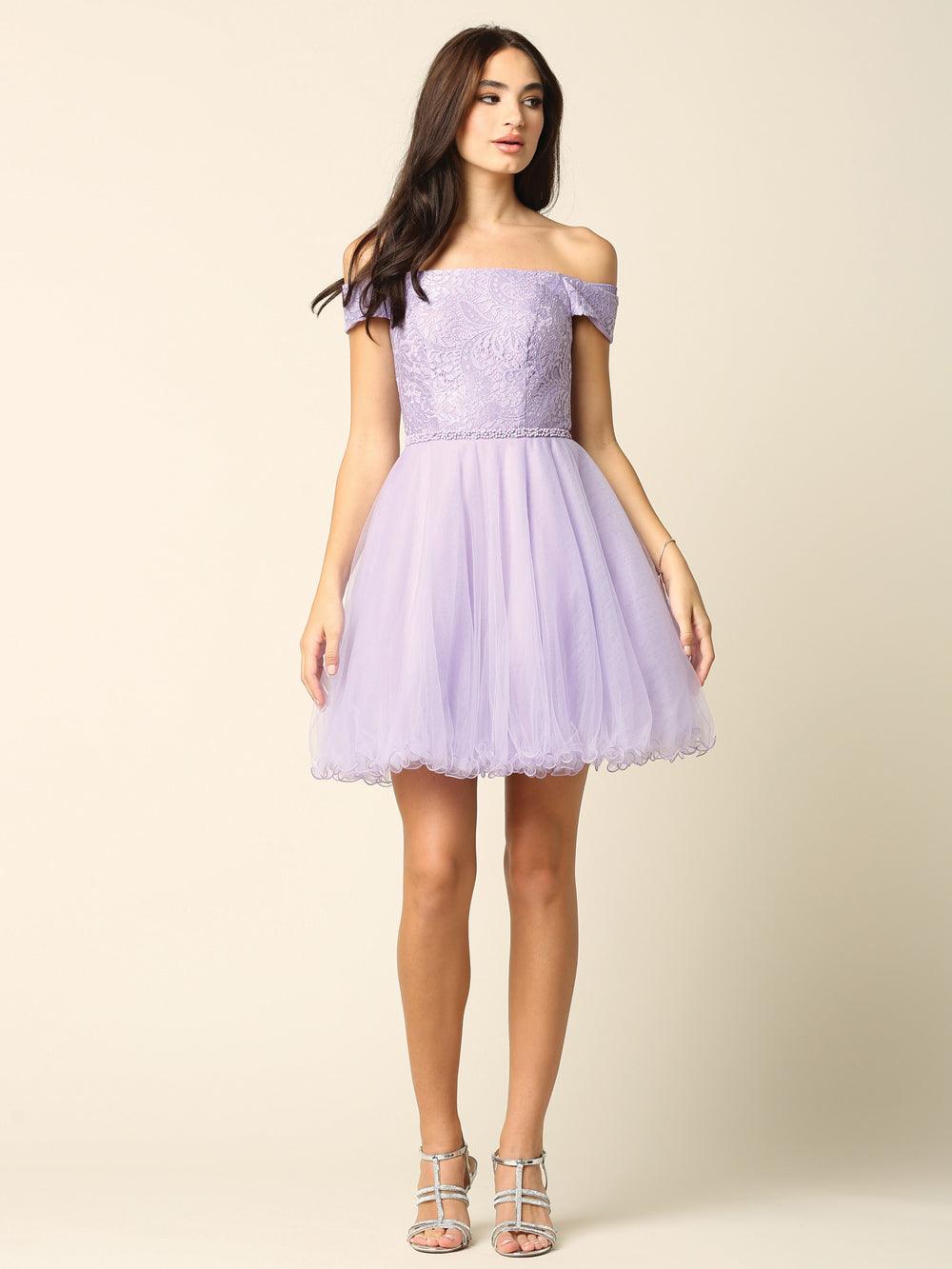 Short off-shoulder cocktail mini dress with lace tulle overlay, corset back, and ruffled hem detail