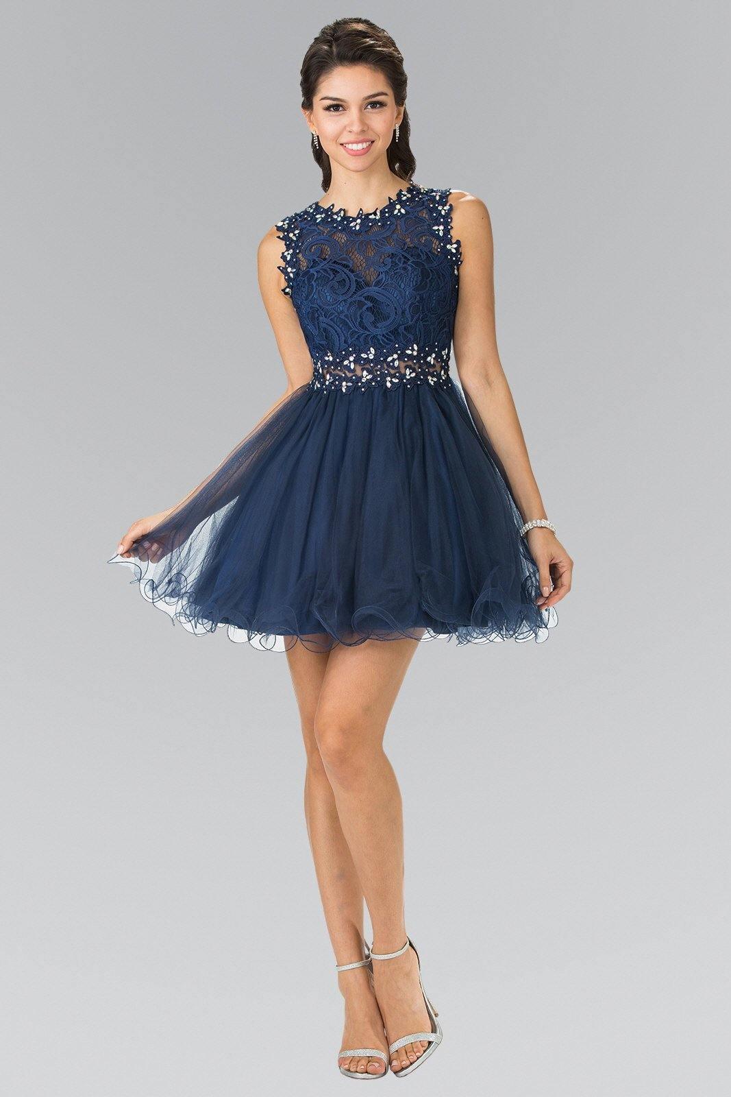 Short sleeveless prom dress with lace bodice, sheer waist, A-line silhouette above the knee