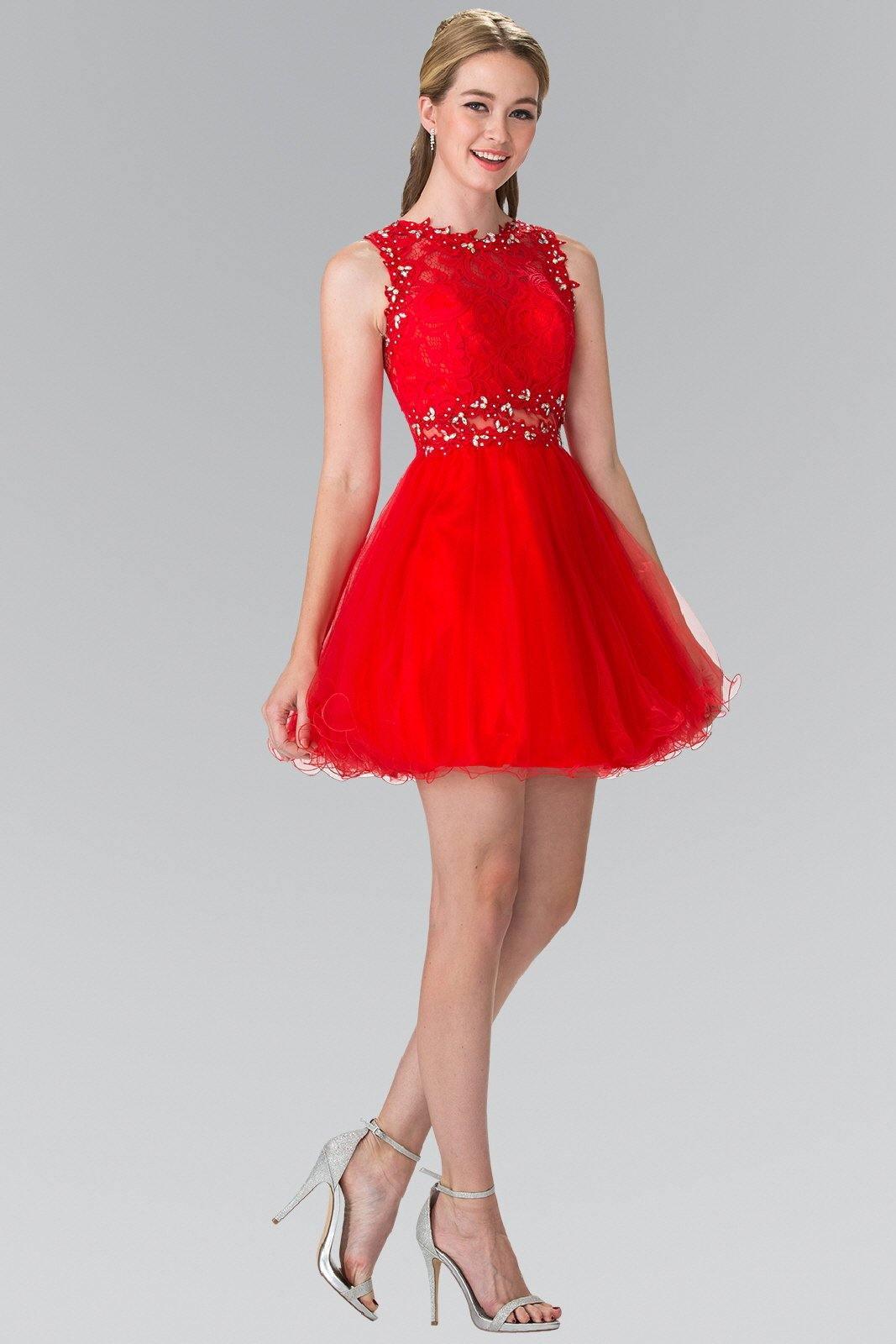 Sleeveless short A-line prom dress with lace bodice, sheer waist detail, crew neckline for teens
