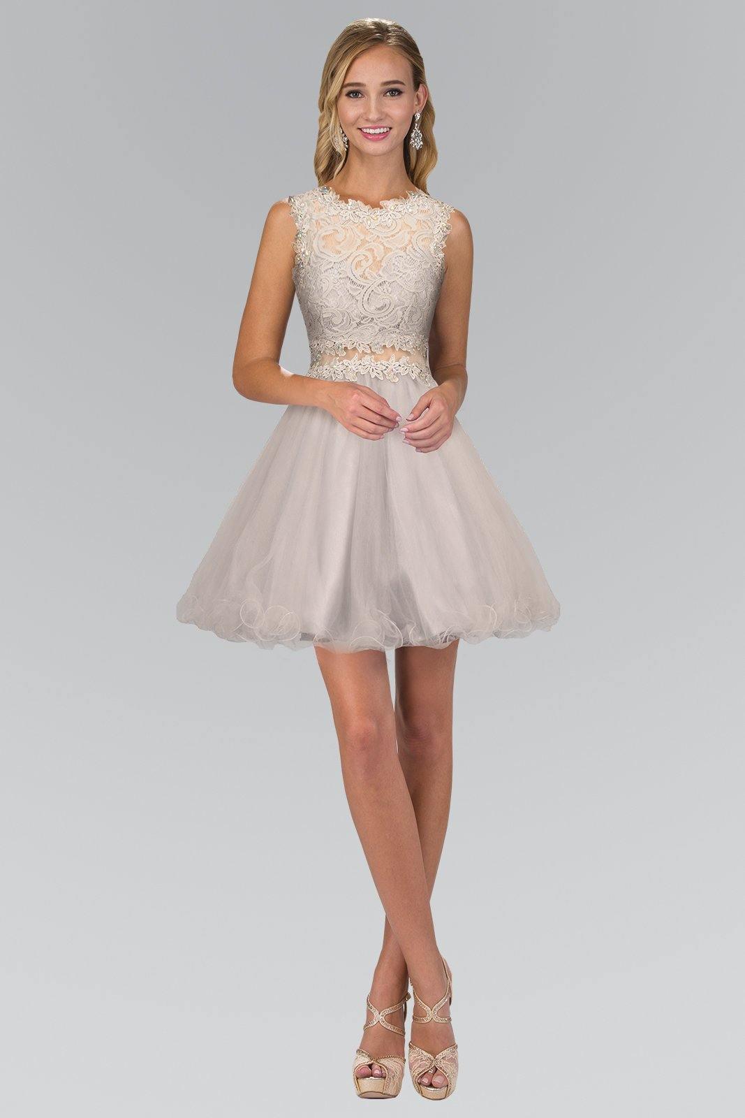 Short sleeveless A-line prom dress with lace bodice, sheer waist detail, and above-knee hemline for teens