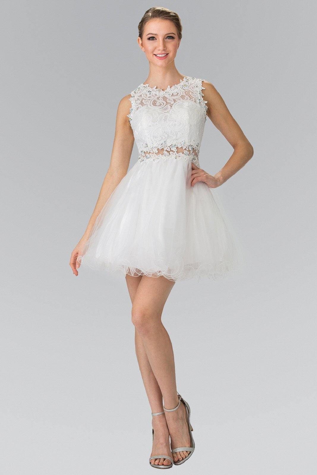 Short sleeveless prom dress with lace bodice, sheer waist, A-line silhouette above the knee for teens
