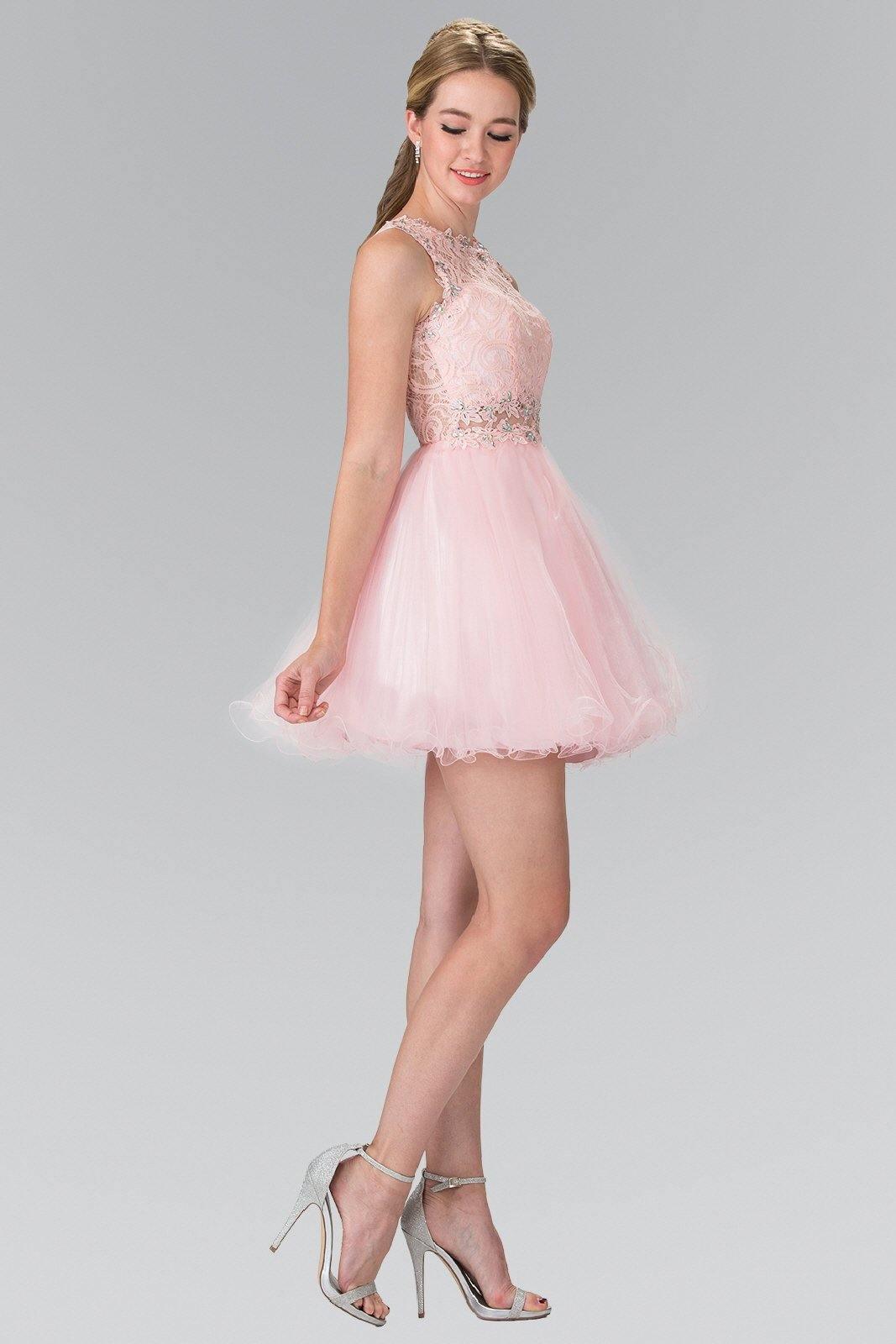 Teen short prom dress ivory lace bodice A-line silhouette sheer waist sleeveless cocktail gown