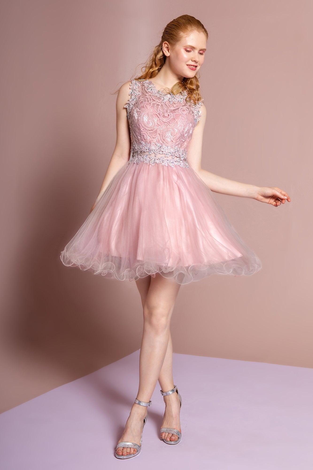 Short sleeveless prom dress with lace bodice, sheer waist, A-line silhouette, above-the-knee length