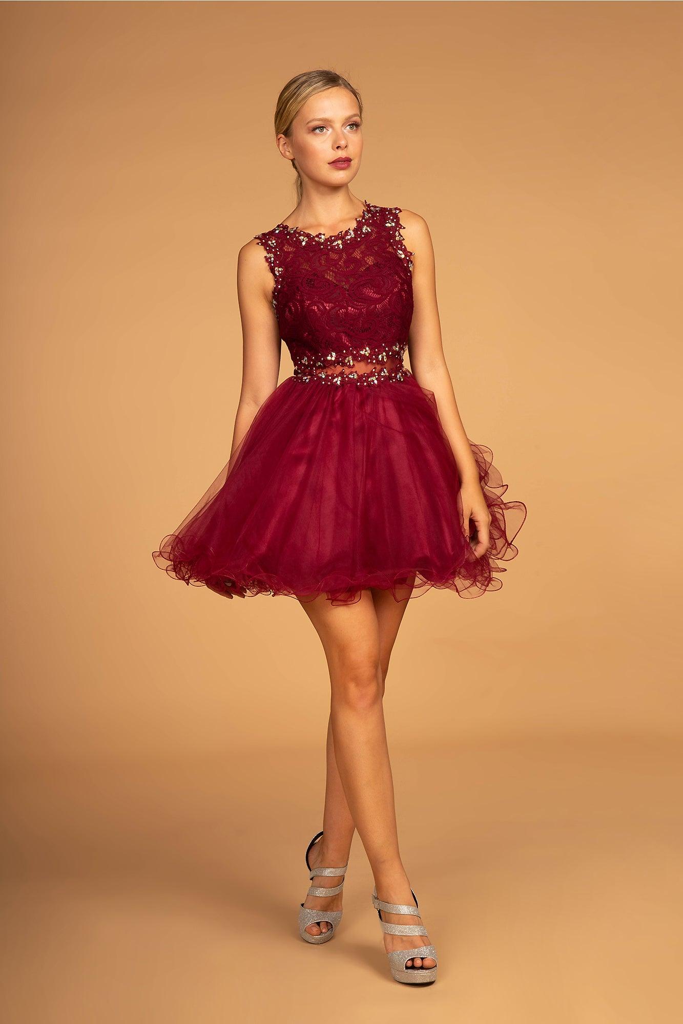 Short ivory lace bodice prom dress, A-line silhouette with sheer waist, sleeveless crew neck, above knee