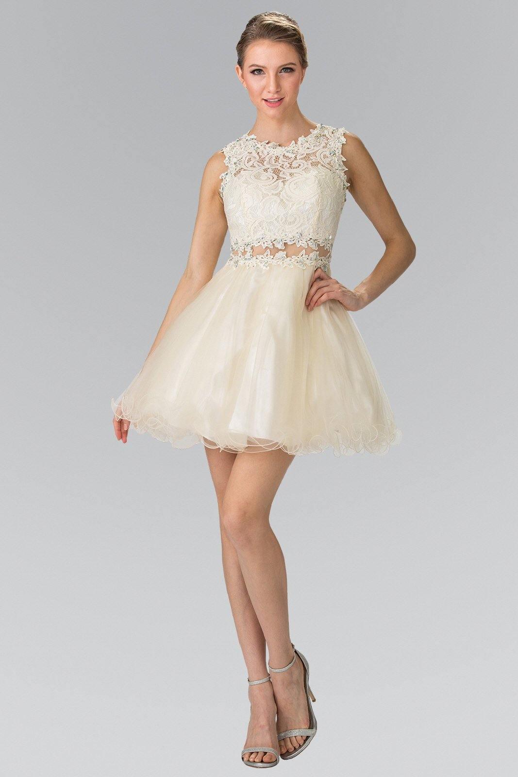 Short A-line prom dress with lace bodice, sheer waist detail, sleeveless crew neckline, above-knee length