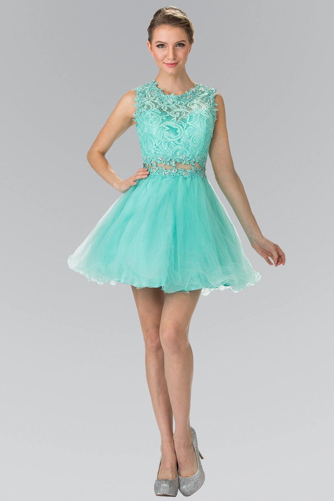 Sleeveless short A-line prom dress with lace bodice, sheer waist detail, and crew neckline for teens