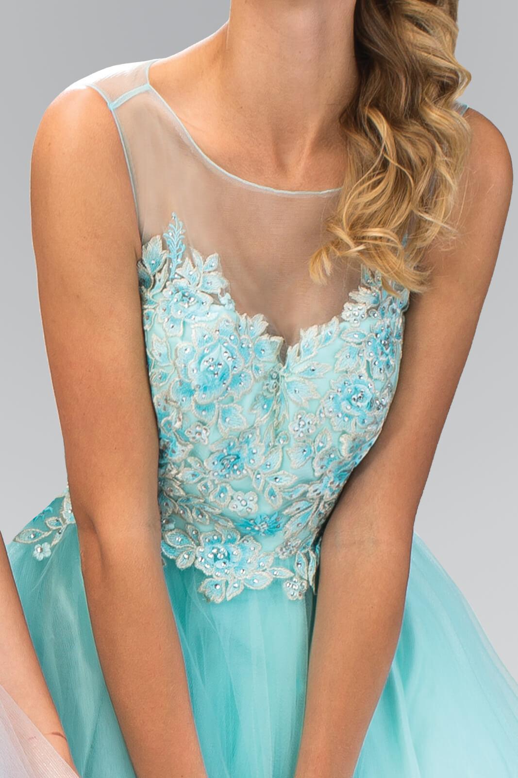 Short A-line prom dress embellished tulle floral appliques jewel illusion neckline keyhole back