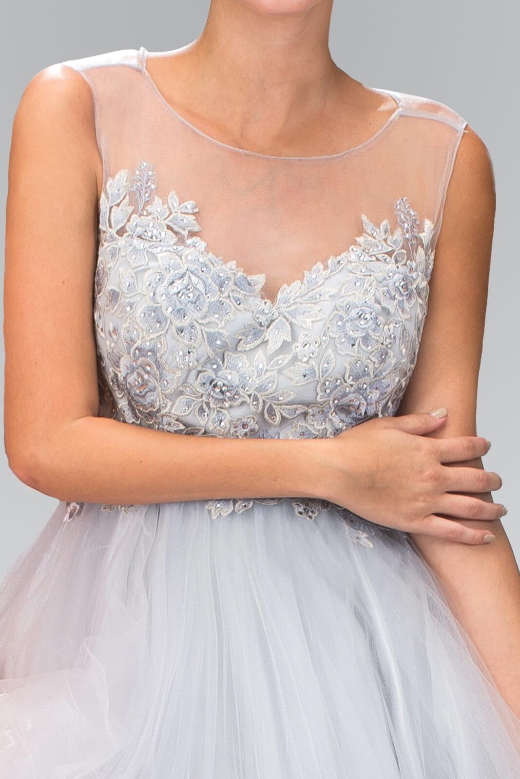 Short A-line prom dress embellished tulle floral appliques jewel illusion neckline keyhole back teen