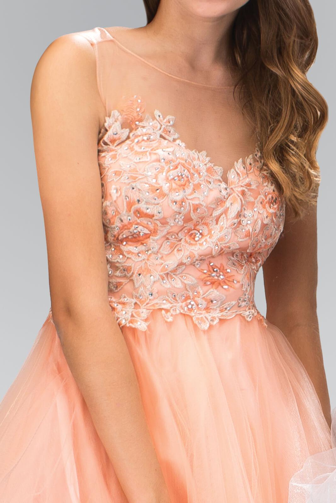 Short A-line prom dress embellished tulle floral appliques jewel illusion neckline keyhole back
