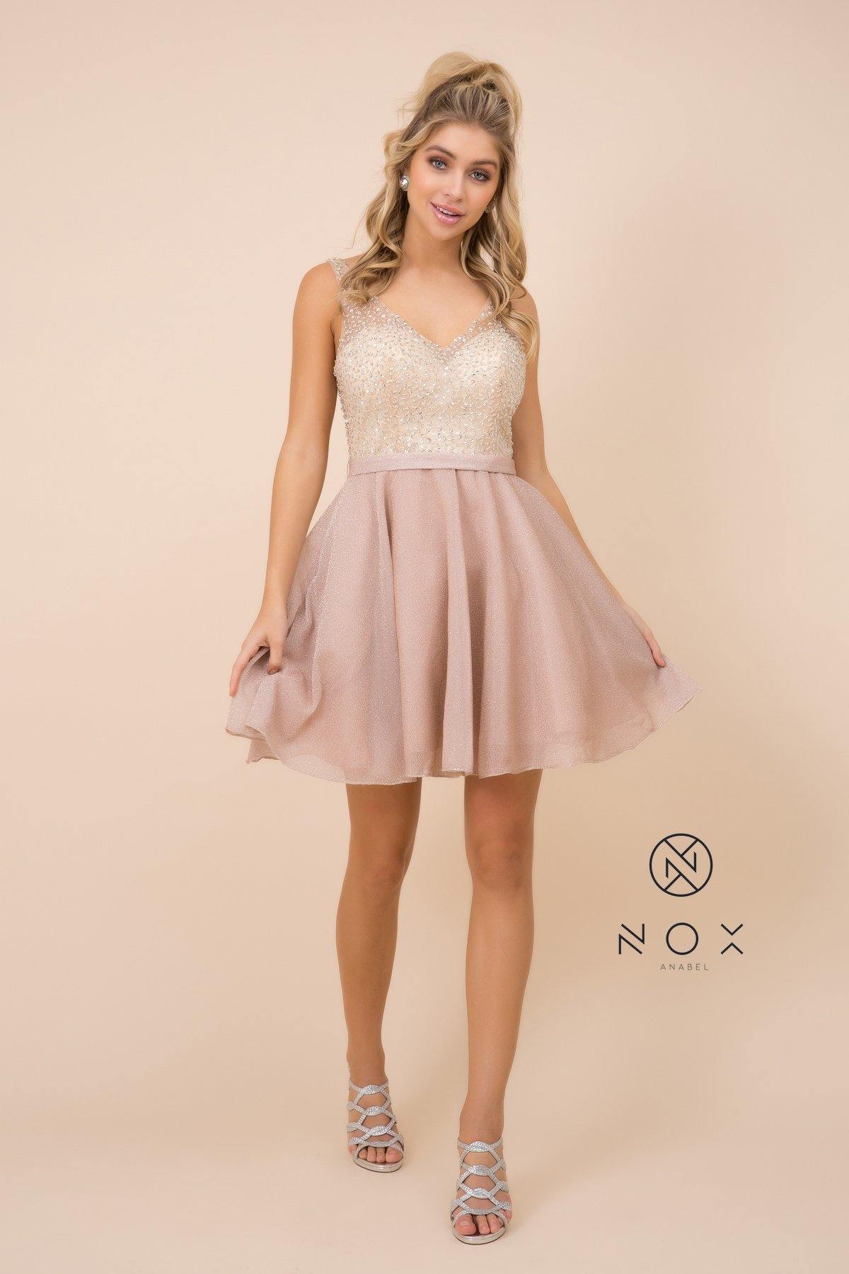 Short sleeveless V-neck prom dress with embellished bodice, A-line mid-thigh skirt, back zipper