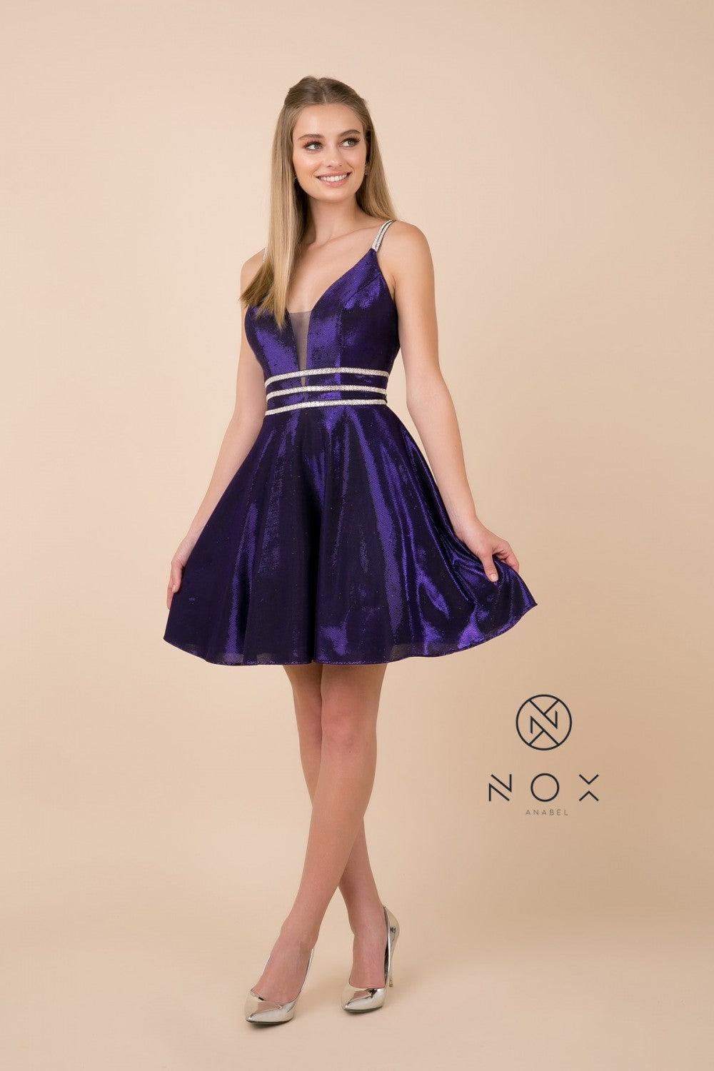 Sleeveless halter V-neck mini prom dress in glam style with spaghetti straps A-line silhouette