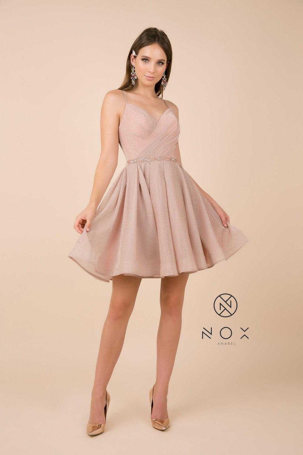 Blush A-line short prom dress spaghetti straps rhinestone belt pleated bodice homecoming teens