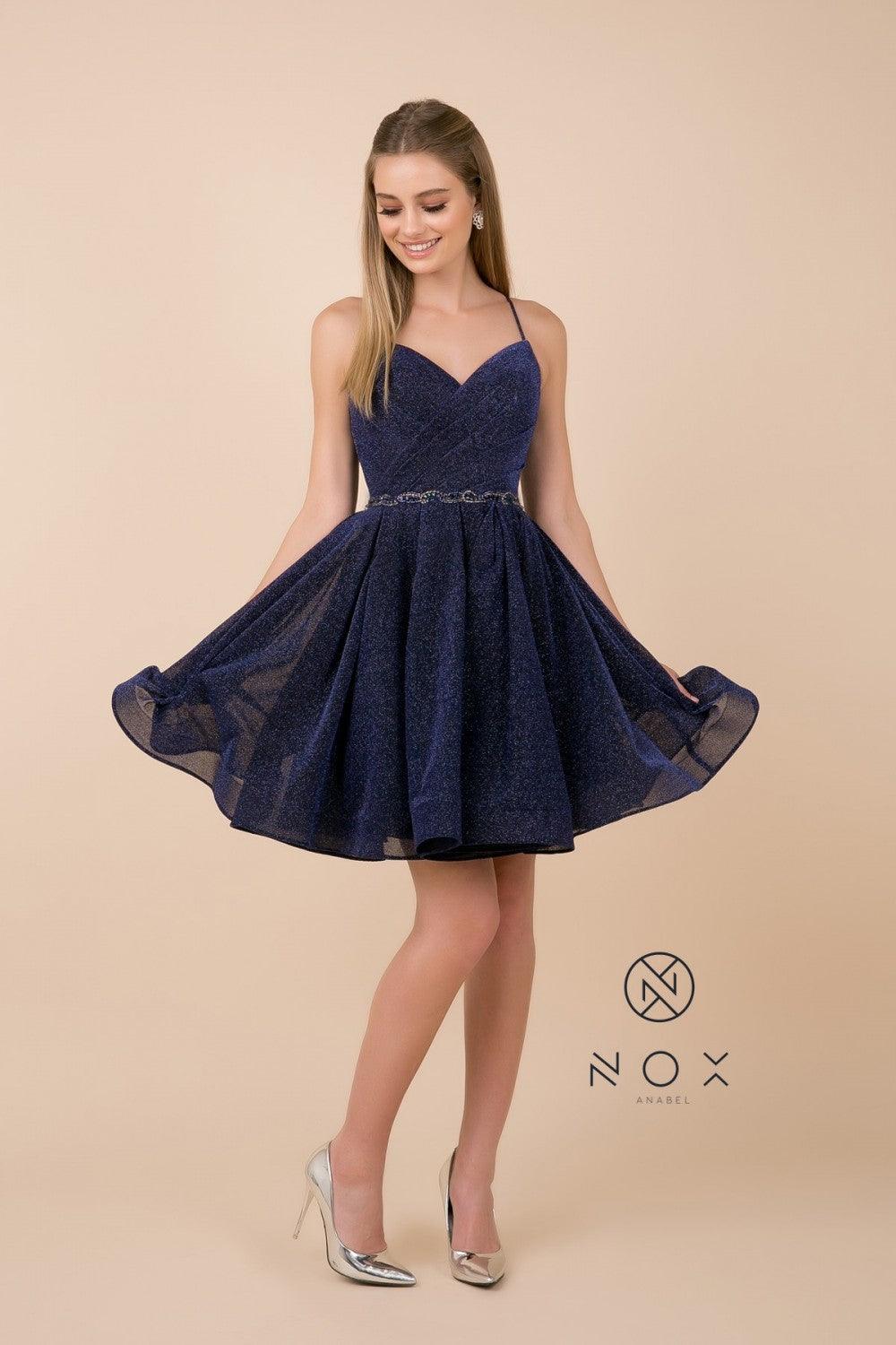 Short A-line prom dress spaghetti straps V-neck pleated bodice rhinestone belt above knee