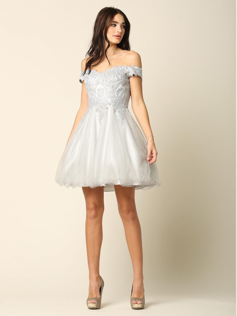 Blush pink off-shoulder short tulle prom dress with lace appliques and zipper back