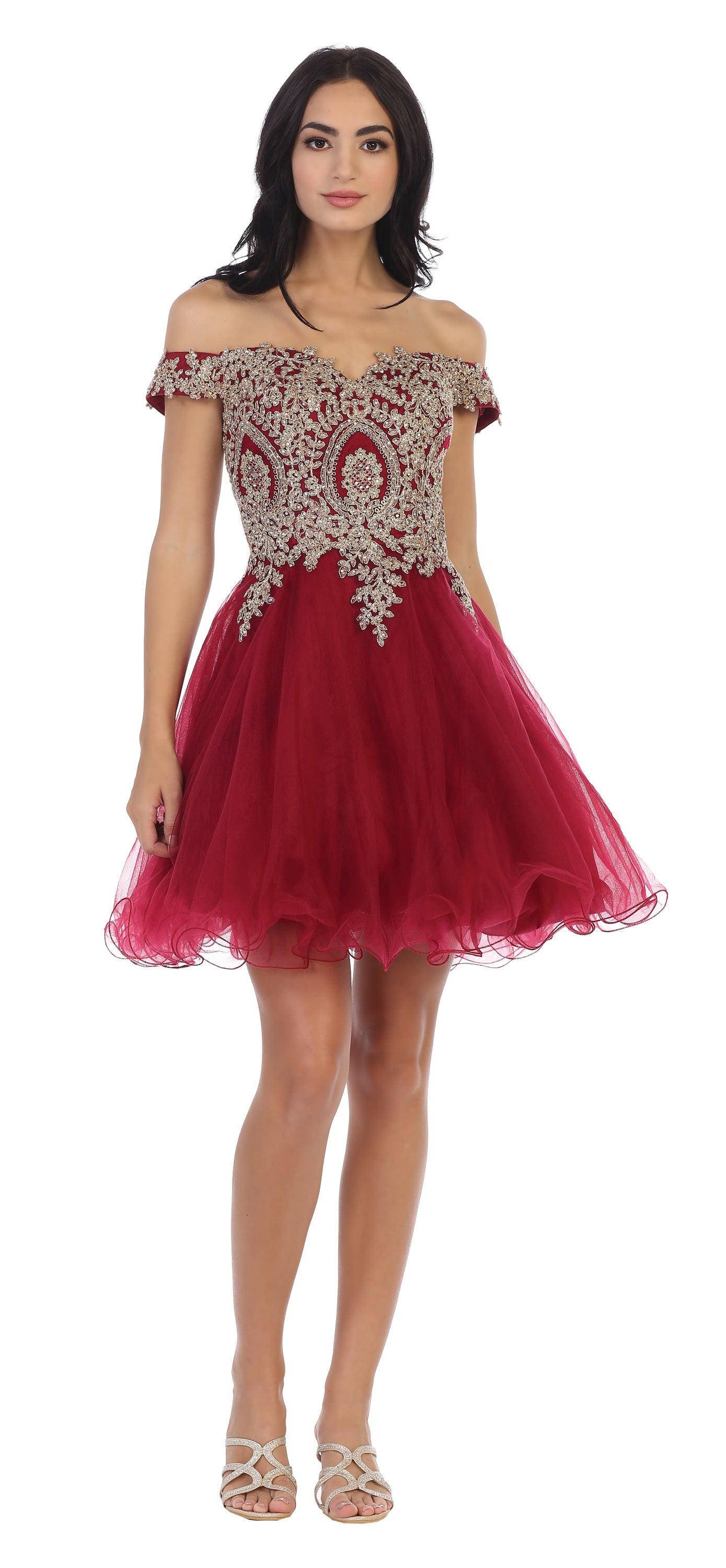 Blush pink off-shoulder mini dress with lace appliques, tulle overlay, and zipper back for prom