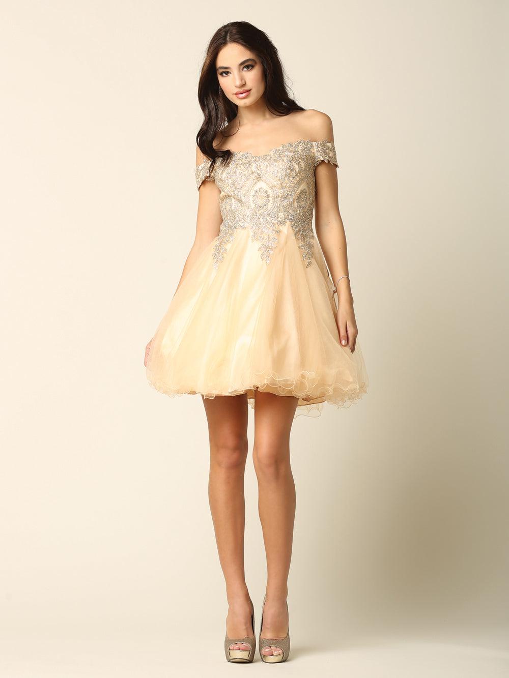 Blush pink off-shoulder short tulle prom dress with lace appliques and zipper back