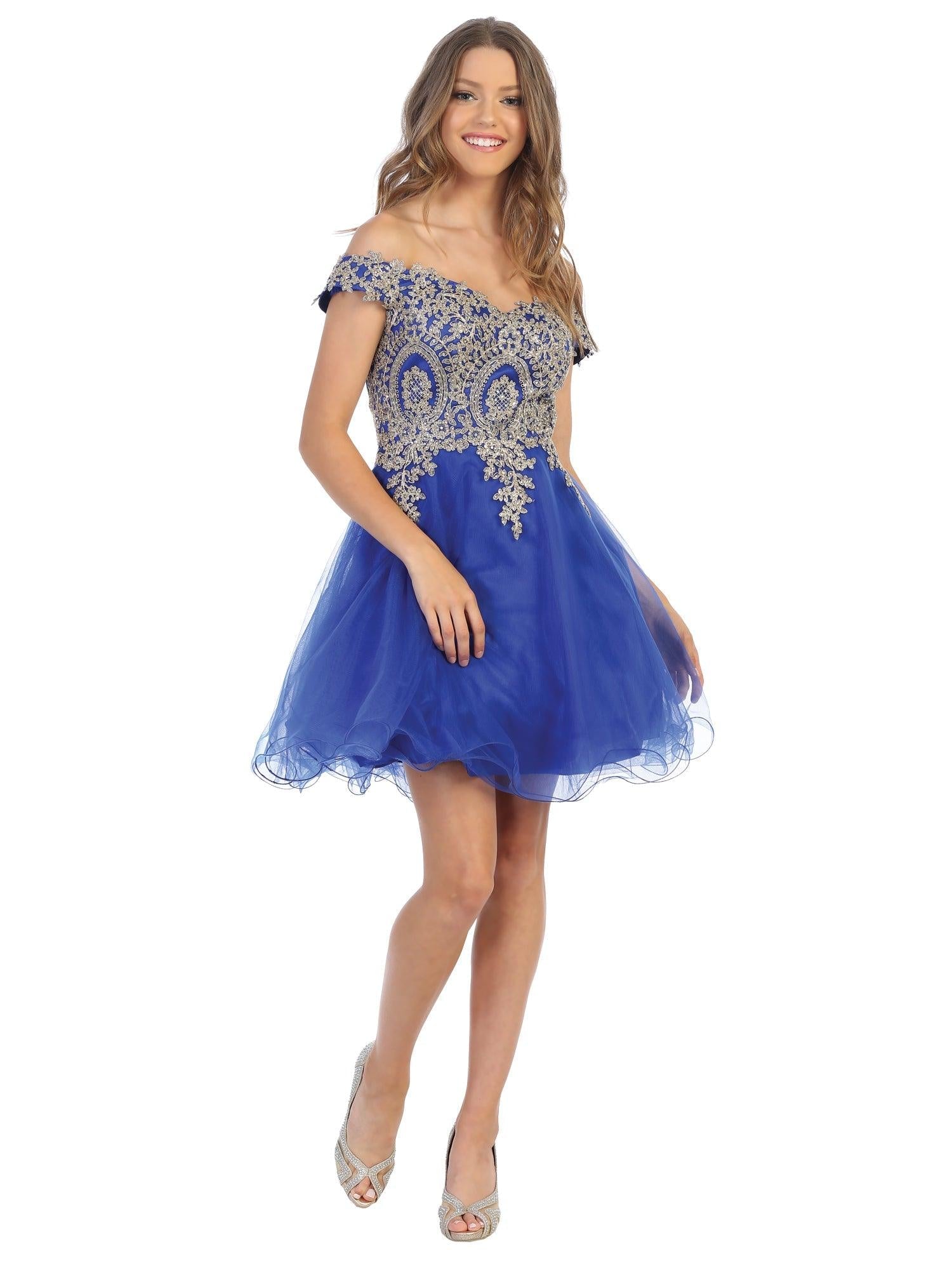 Blush pink off-shoulder short homecoming dress with lace appliques and sheer tulle overlay