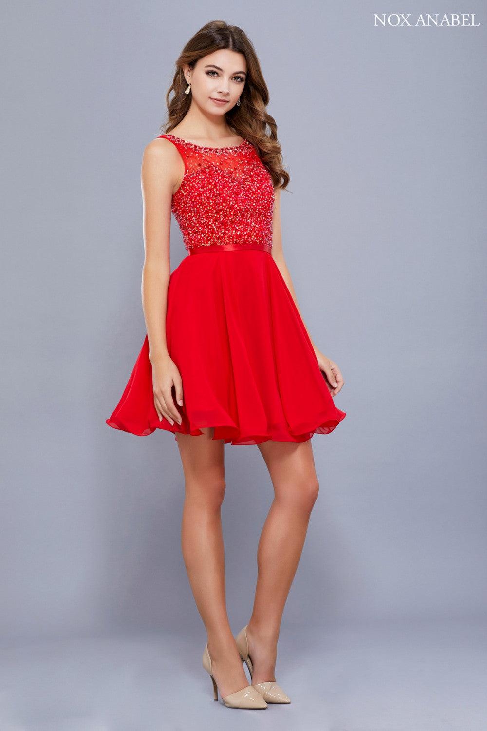 Floor-length prom cocktail dress with embellished sheer bateau neckline, open back, and satin waistband