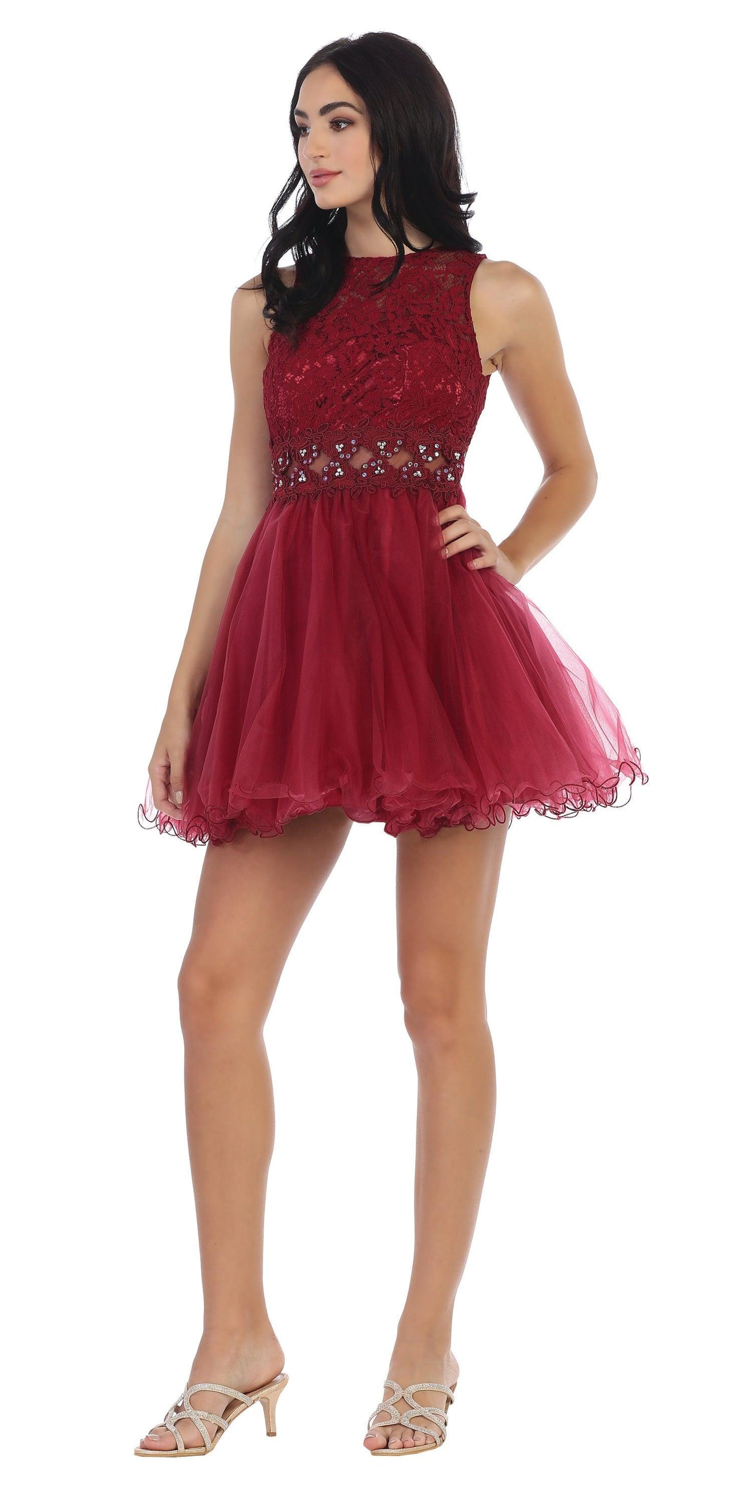 Short sleeveless lace graduation dress illusion two-piece mini homecoming gown with mesh overlay