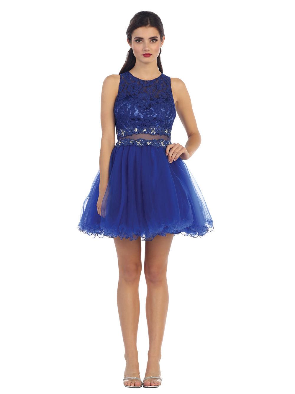 Short sleeveless lace graduation dress illusion two-piece mini length with mesh overlay