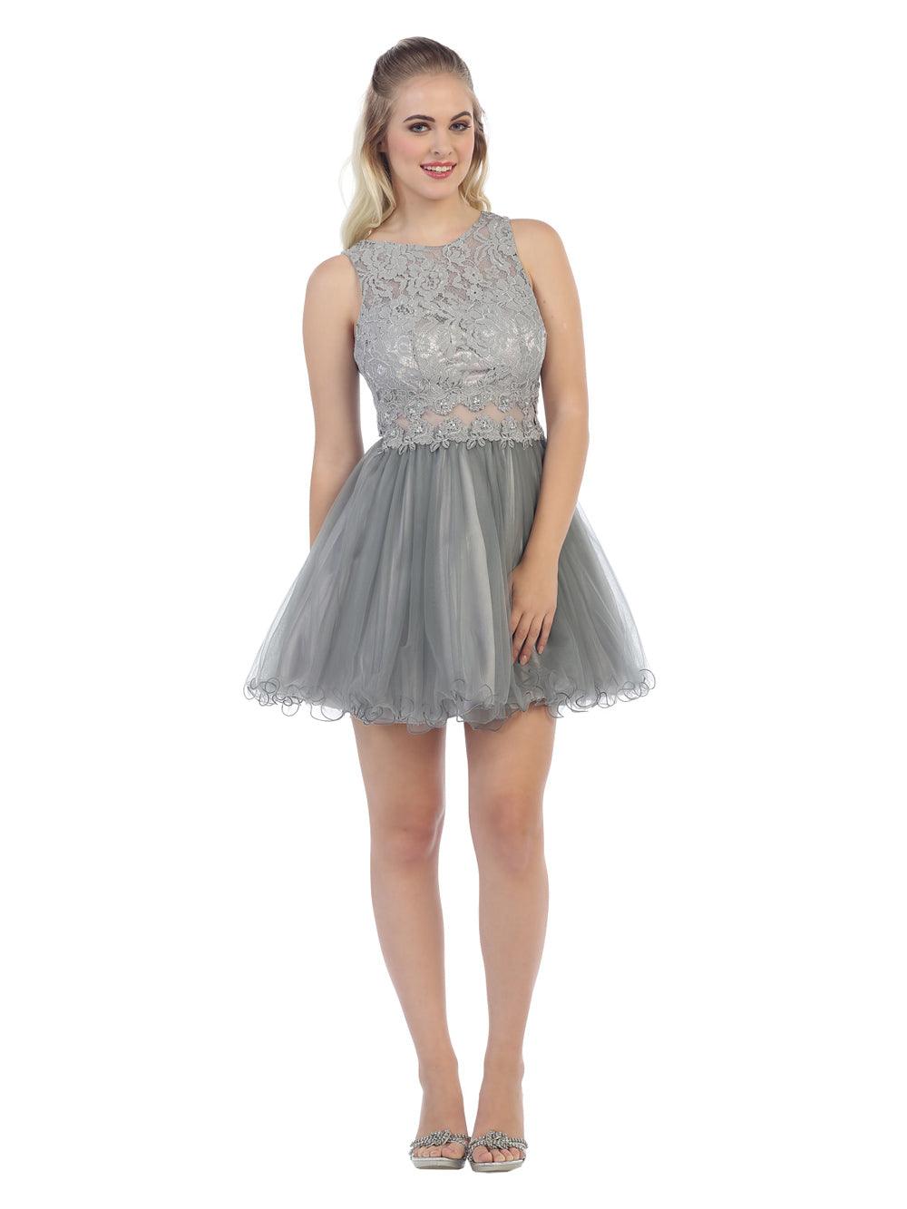 Short sleeveless lace graduation dress illusion two-piece mini homecoming gown with mesh overlay