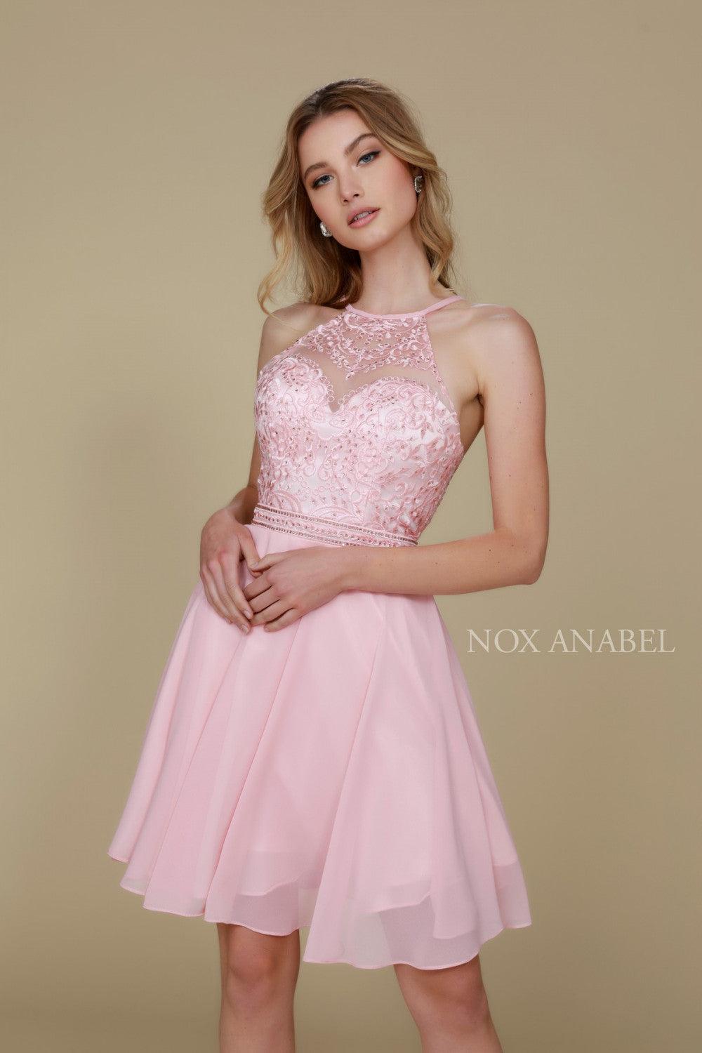 Short chiffon prom dress with floral embroidery, sheer mesh high neck, racer front, and open back