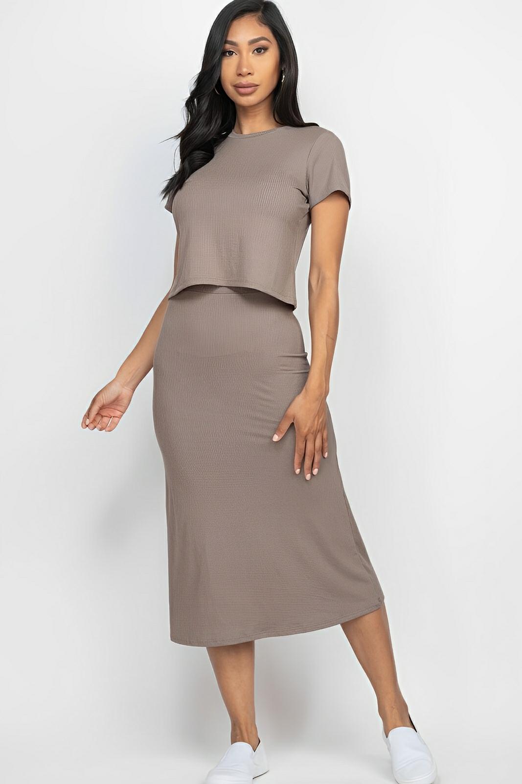Women's ribbed knit short sleeve top and midi skirt set, form-fitting two-piece in stretch rib fabric