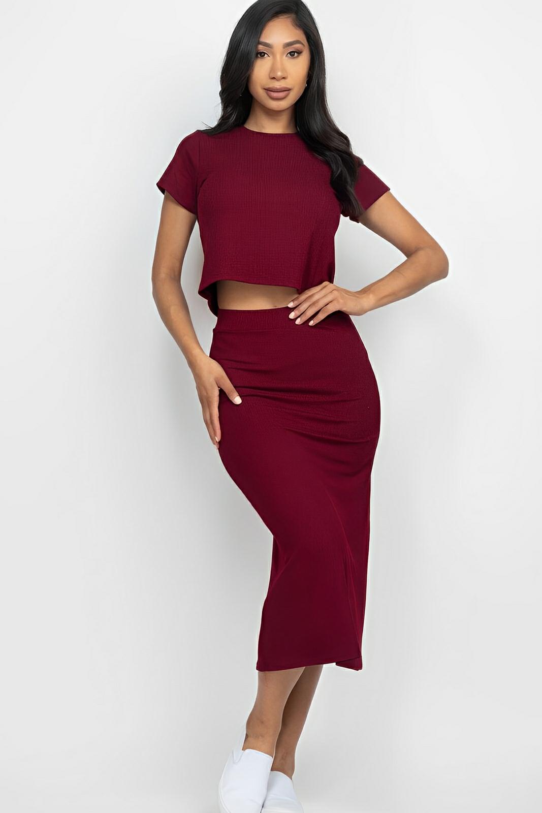 Women's ribbed knit short sleeve top and midi skirt set, form-fitting two-piece in stretch fabric