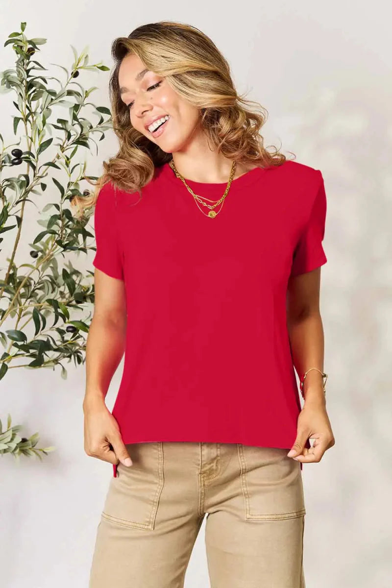 Breathable rayon tunic top short sleeve slit hem design versatile office-ready everyday style