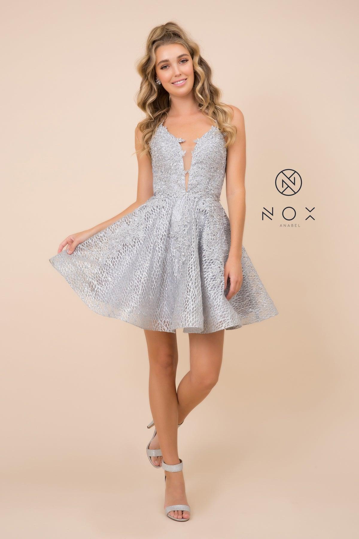 Short sleeveless backless prom dress with plunging sweetheart neckline and metallic lace skirt
