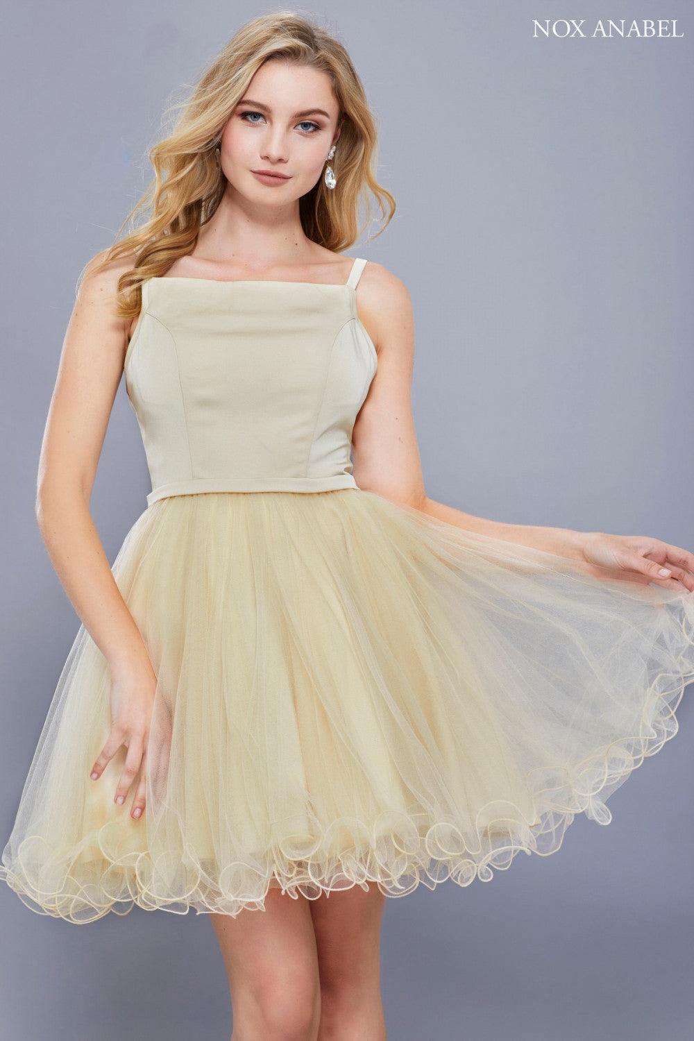Short black tulle prom dress spaghetti strap bodice open back homecoming formal teen