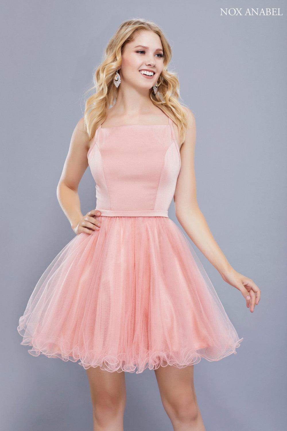 Short black tulle prom dress spaghetti strap bodice open back formal homecoming teen