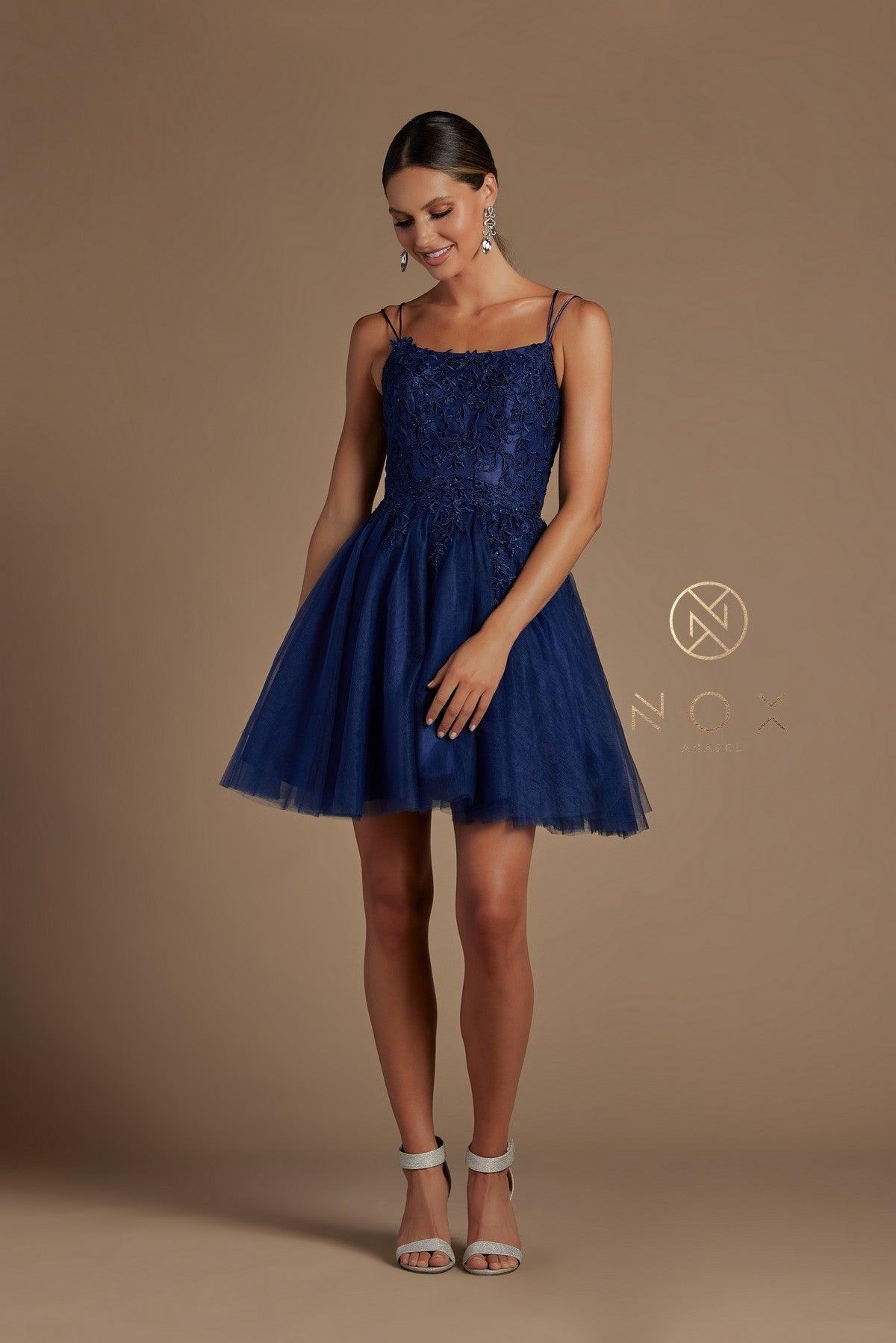 Short spaghetti strap homecoming dress in tulle with corset back and zipper, chic teen party style