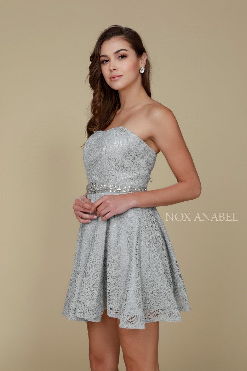Strapless A-line graduation dress floral lace bodice open back iridescent waistband elegant short hem