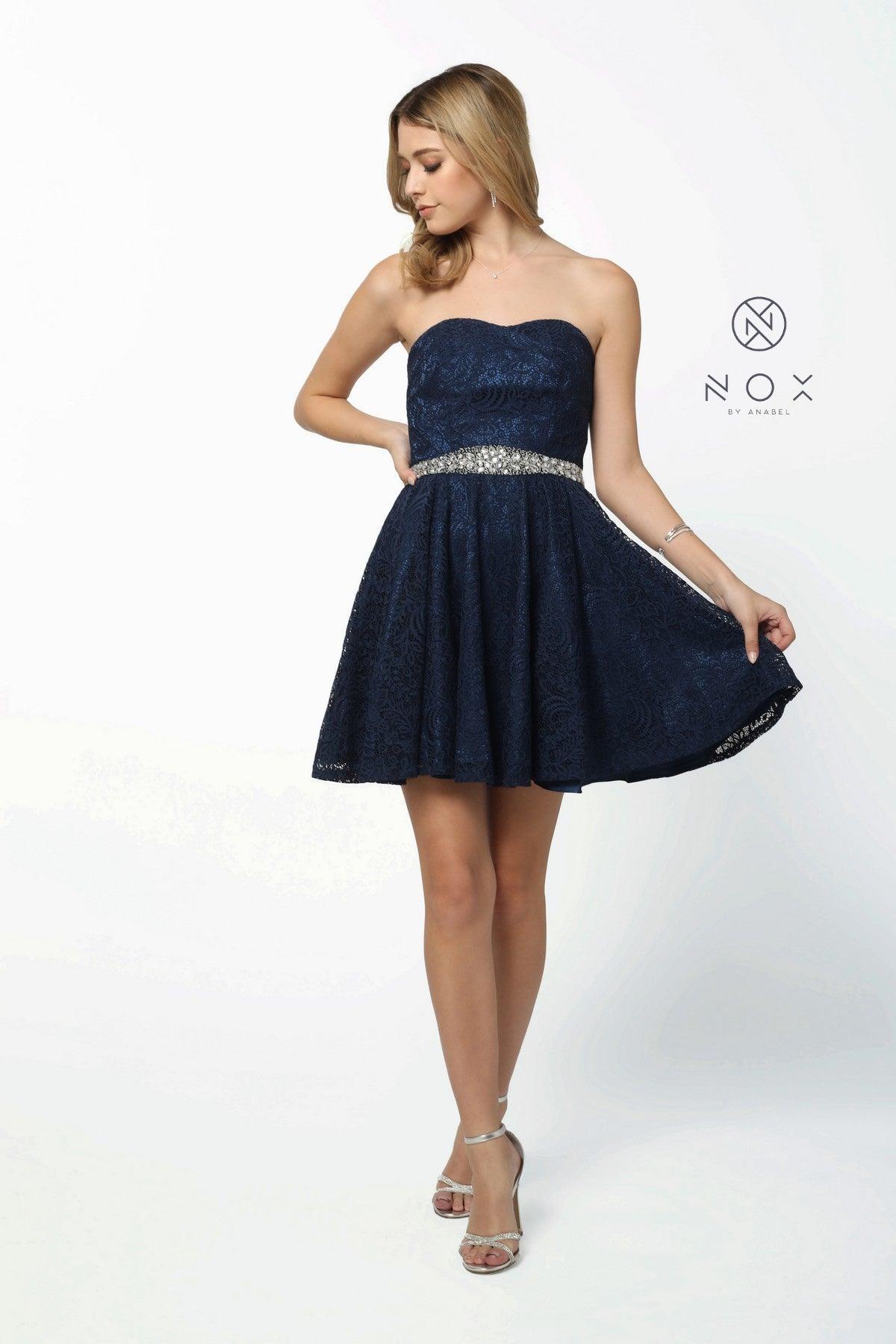 Strapless A-line graduation dress floral lace bodice open back iridescent waistband short hem