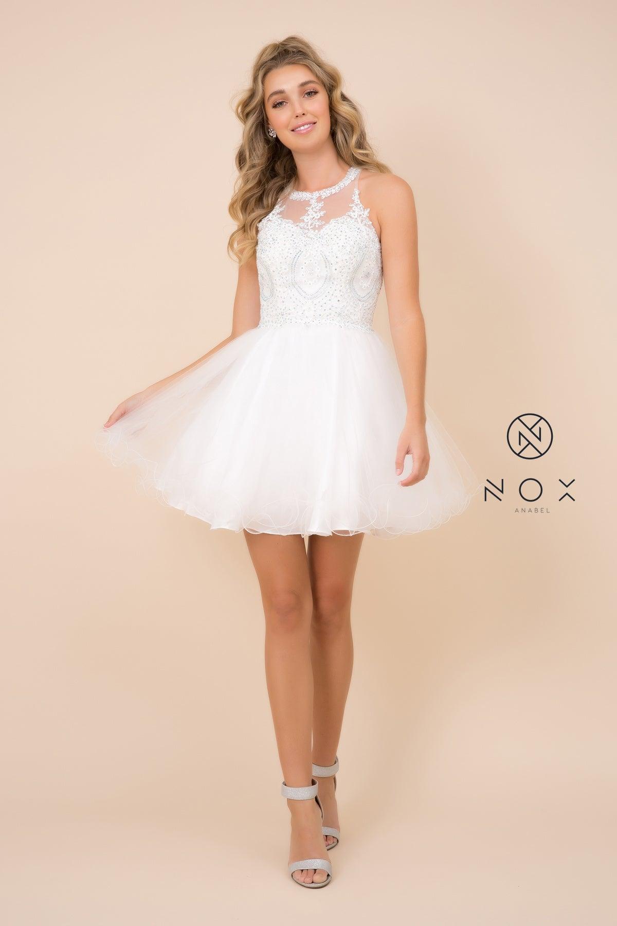 Sleeveless short ivory tulle homecoming dress with lace appliques, rhinestones, and open back for teens