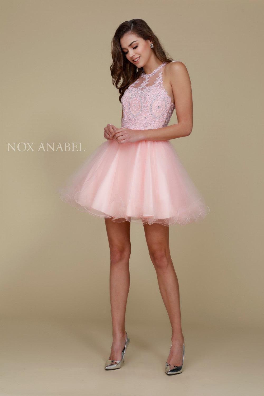 Teen sleeveless ivory tulle A-line homecoming dress with lace appliques, rhinestones, open back
