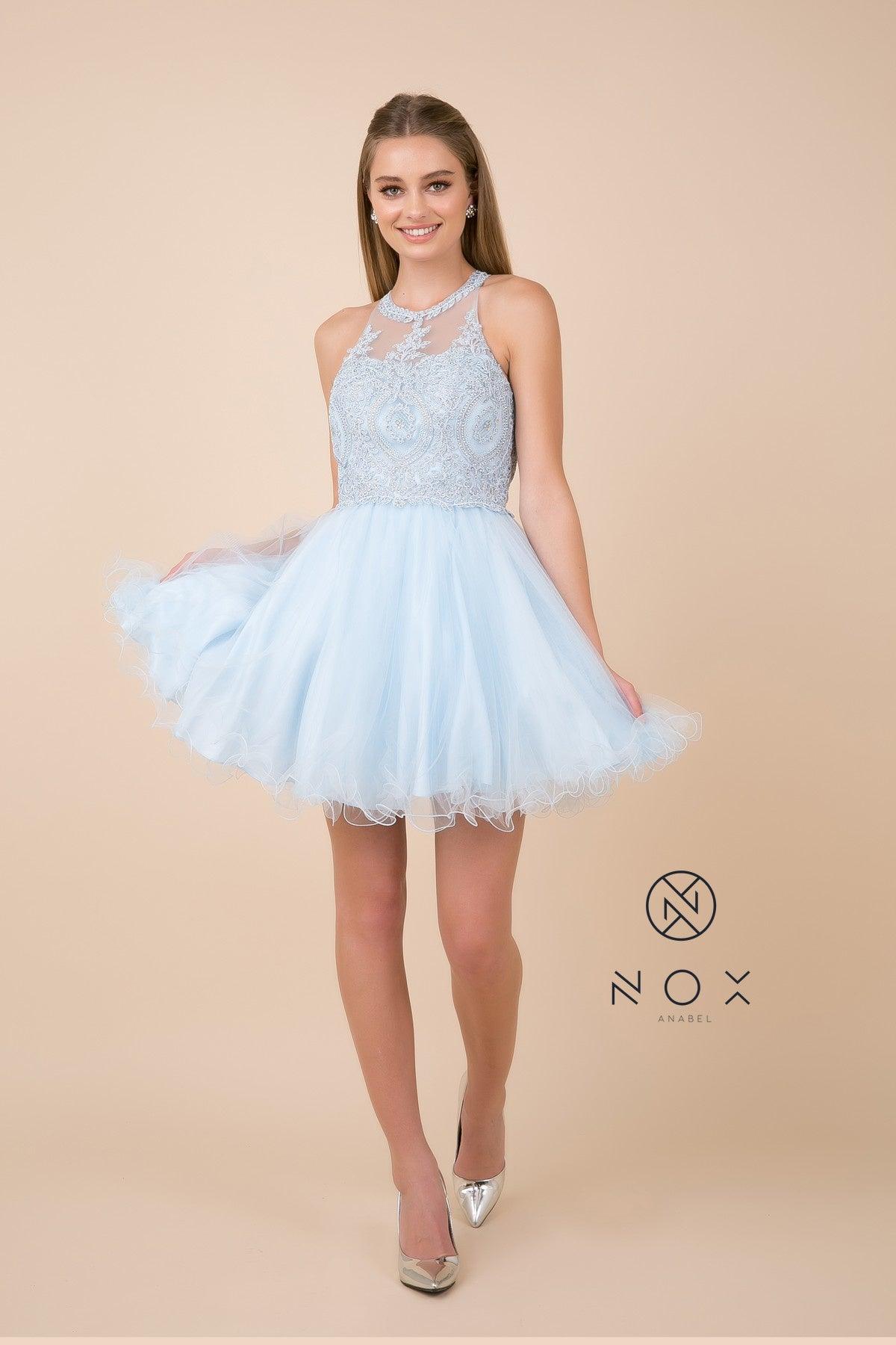 Sleeveless ivory tulle A-line homecoming dress with lace appliques, rhinestones, and open back for teens