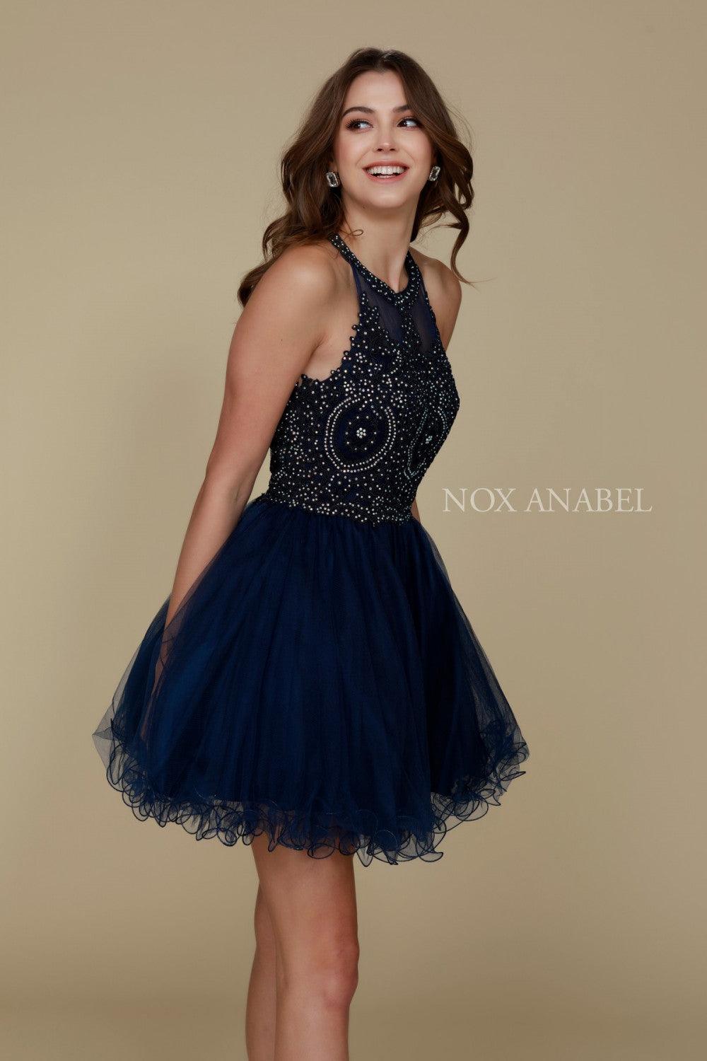 Sleeveless short ivory tulle A-line homecoming dress with lace appliques and rhinestone sparkle open back