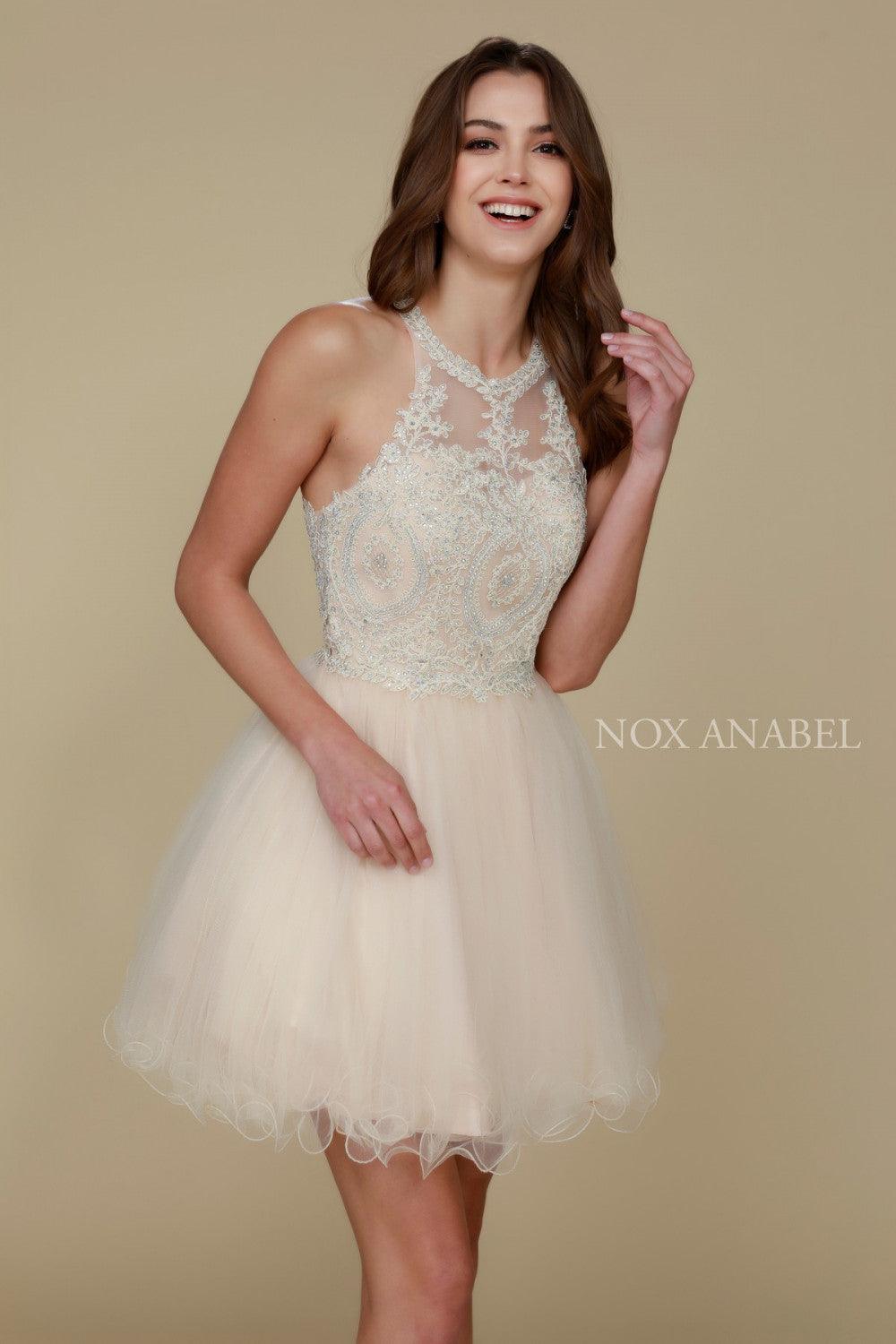 Sleeveless ivory tulle A-line homecoming dress with lace appliques, rhinestones, and open back