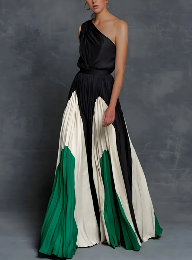Ruby red one-shoulder asymmetrical maxi dress with elegant pleated skirt for formal events