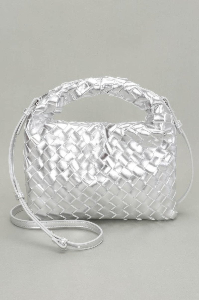 Minimalist woven faux leather crossbody bag with adjustable strap in chic basket-weave texture