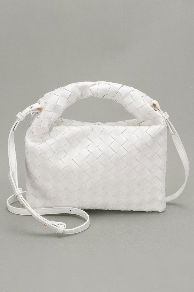 Minimalist woven faux leather crossbody bag with basket-weave texture and adjustable strap for women