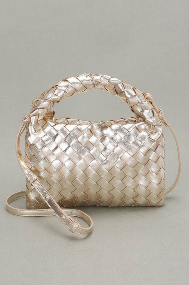 Minimalist woven faux leather crossbody bag with basket-weave texture and adjustable strap for women