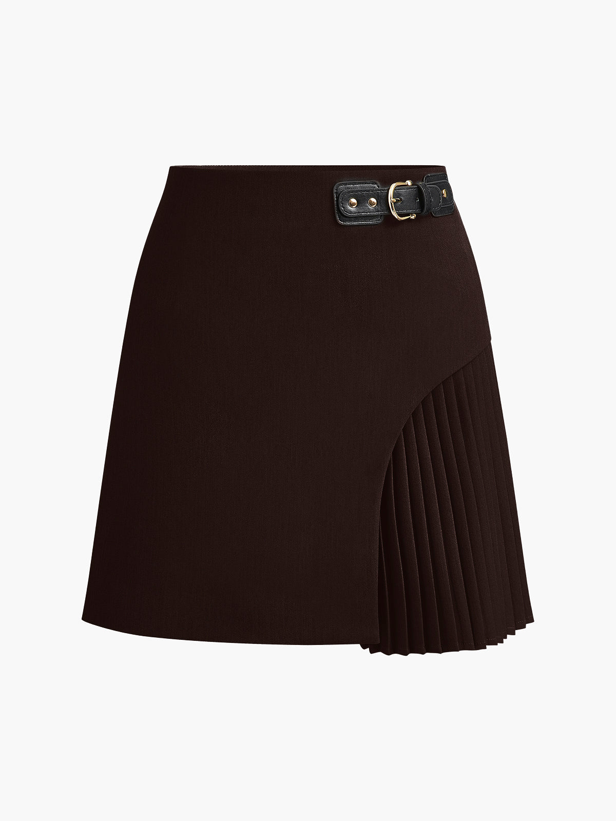 Women's beige side pleated buckle belted midi skirt with structured woven fabric and modern pleat detail