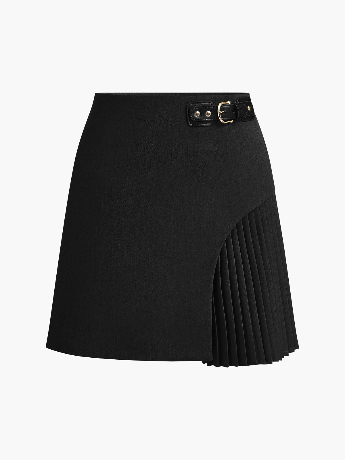 Women's beige side pleated belted skirt with buckle waist detail, tailored workwear silhouette