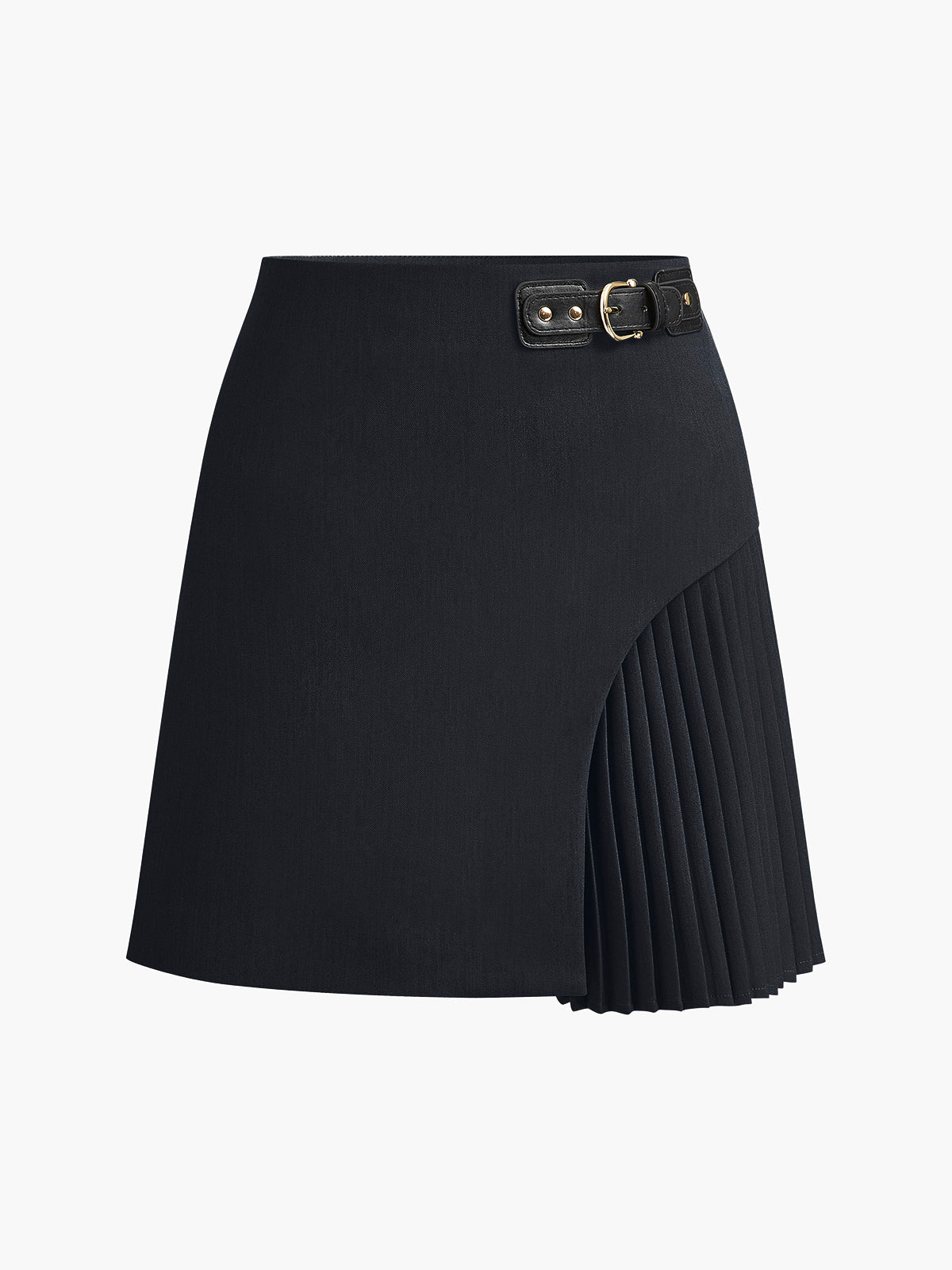 Women's beige side pleated belted skirt with buckle waist detail, tailored workwear cut