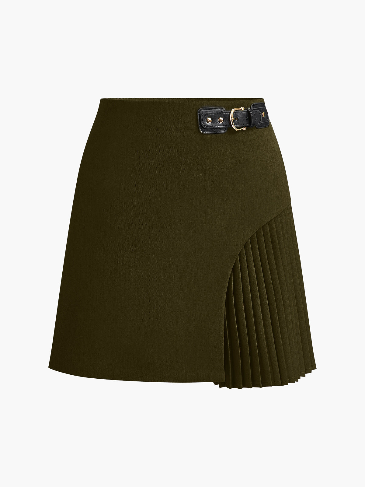 Women's beige side pleated belted skirt with buckle detail, tailored workwear cut, structured woven fabric