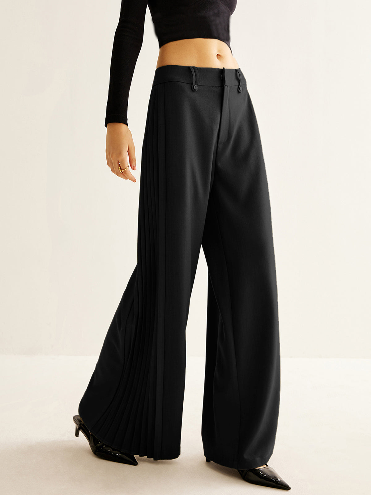 Women's wide-leg trousers with side pleats, mid-rise elegant casual fit in solid neutral tone