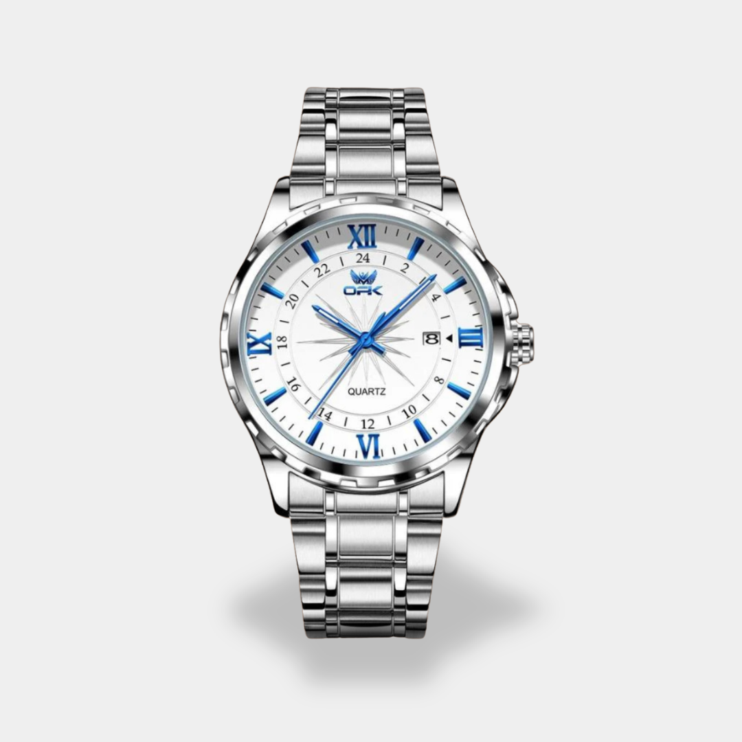 Men's quartz watch white dial brown leather strap blue detail markers classic elegant design